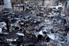 Cảnh đổ nát sau cuộc không kích của Israel tại Beirut, Liban. (Ảnh: THX/TTXVN)