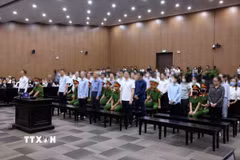 Các bị cáo tại phiên xét xử sơ thẩm vụ án xảy ra tại Tập đoàn FLC. (Ảnh: Phạm Kiên/TTXVN)