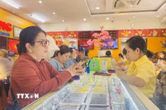 Người dân thành phố Hồ Chí Minh mua vàng trong ngày giá vàng tăng cao. (Ảnh: Hương Giang/TTXVN)