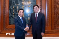 Phó Chủ tịch Quốc hội, Chủ tịch Nhóm Nghị sỹ hữu nghị Việt-Trung Nguyễn Doãn Anh và Chủ tịch Nhóm Nghị sỹ hữu nghị Trung-Việt Ba Âm Triều Lỗ. (Ảnh: Quang Hưng/TTXVN)