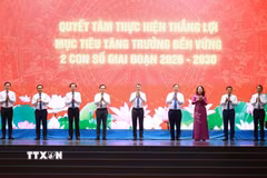 Thủ tướng Lê Minh Hưng và các đại biểu phát động phong trào thi đua “Quyết tâm thực hiện thắng lợi mục tiêu tăng trưởng bền vững 2 con số giai đoạn 2026-2030.” (Ảnh: Dương Giang/TTXVN)