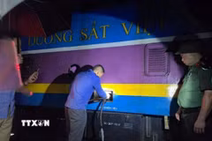 Cơ quan Công an bắt giữ Nguyễn Đình Kiên và các đối tượng trong lúc đang hút trộm hàng trăm lít dầu từ tàu D19E978 tại Ga Vinh. (Ảnh: TTXVN phát)