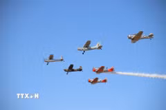 Đội hình kết hợp máy bay bao gồm các dòng North American Harvard huyền thoại và các phi cơ hạng nhẹ - thực hiện màn bay trình diễn đồng bộ trên bầu trời căn cứ không quân Swartkop. (Ảnh: Hồng Minh/TTXVN)