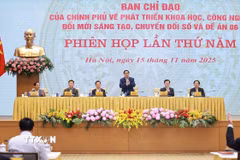 Thủ tướng Phạm Minh Chính chủ trì phiên họp lần thứ năm của Ban Chỉ đạo của Chính phủ về phát triển khoa học, công nghệ, đổi mới sáng tạo, chuyển đổi số và Đề án 06. (Ảnh: Dương Giang/TTXVN)