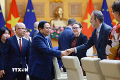 Thủ tướng Phạm Minh Chính tiếp đại diện Phái đoàn Liên minh châu Âu tại Việt Nam và Đại sứ các nước thành viên EU tại Việt Nam. (Ảnh: Dương Giang/TTXVN)