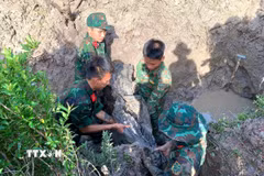 Đội Tìm kiếm, quy tập hài cốt liệt sỹ làm lễ viếng trước khi khai quật tại ấp Cây Khô, Xã Hồ Thị Kỷ. (Ảnh: TTXVN phát)