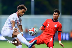 Tuyển Việt Nam đang nắm mọi lợi thế trước Singapore ở bán kết AFF Cup 2024. (Ảnh: TTXVN phát)