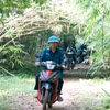 Do diện tích rừng được quản lý rộng lớn nên Đội bảo vệ rừng Hàm Cần 3 (xã Hàm Thạnh, tỉnh Lâm Đồng) tận dụng xe máy di chuyển các khu vực đường bằng. (Ảnh: Nguyễn Thanh/TTXVN)