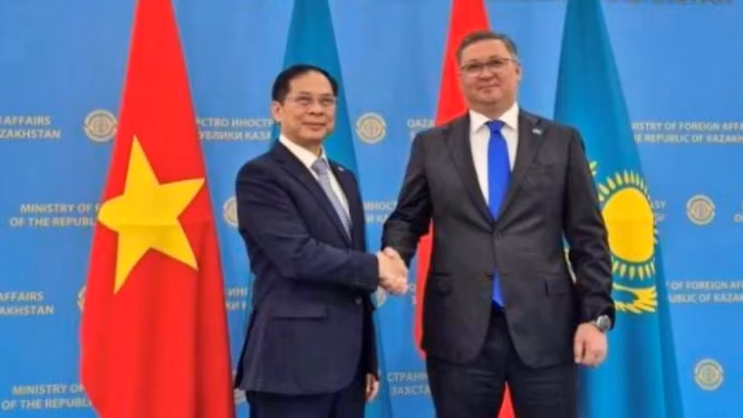 Phó Thủ tướng, Bộ trưởng Ngoại giao Bùi Thanh Sơn hội kiến Phó Thủ tướng, Bộ trưởng Ngoại giao Kazakhstan Murat Nurtleu. (Ảnh: VOV)