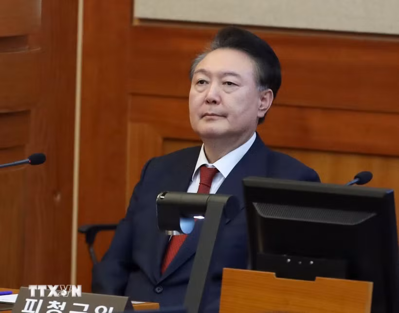 Tổng thống Hàn Quốc Yoon Suk Yeol tại Tòa án Hiến pháp ở Seoul ngày 20/2/2025. (Ảnh: THX/TTXVN)