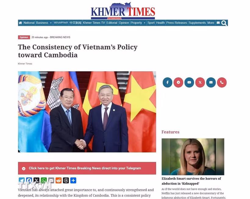 Báo “Khmer Times” (ảnh chụp màn hình) ngày 4/2/2026 đăng tải bài viết với tiêu đề “Tính nhất quán trong chính sách của Việt Nam đối với Campuchia”. (Ảnh: TTXVN phát.)
