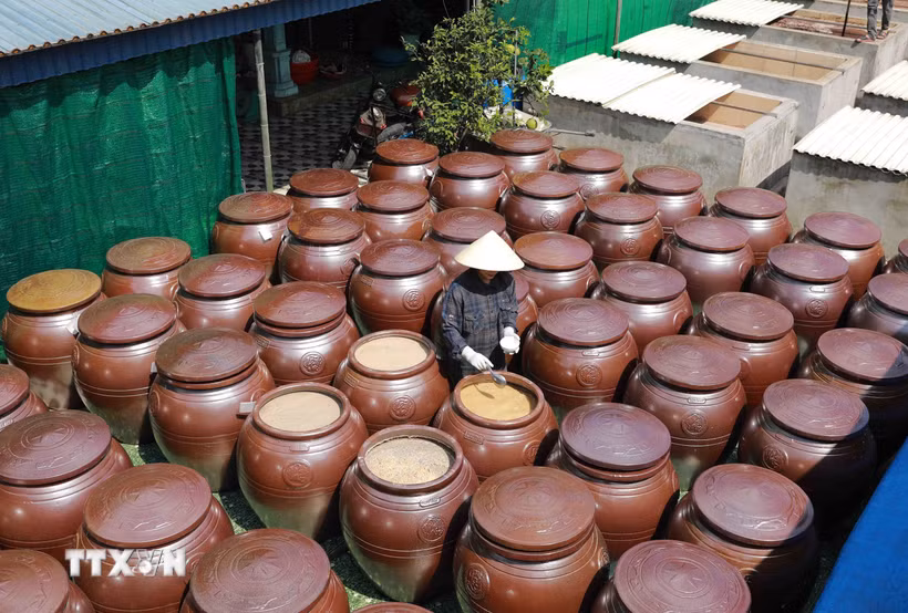 Cơ sở sản xuất nước ở làng nghề nước mắm truyền thống Sa Châu, (Ảnh: Vũ Sinh/TTXVN)