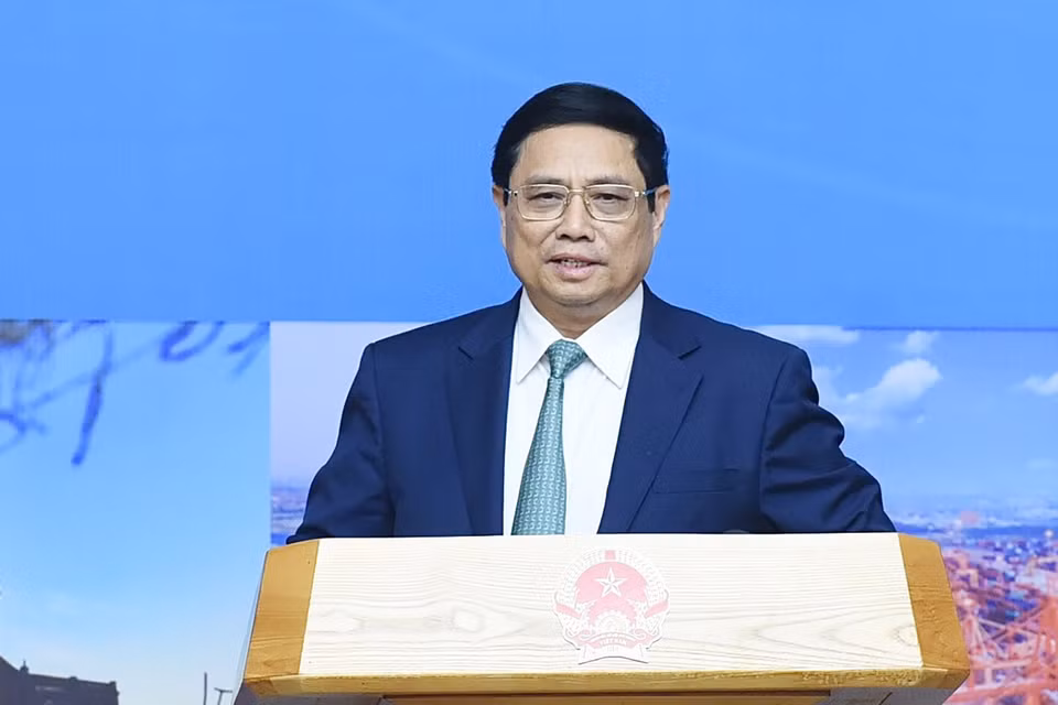 Thủ tướng Phạm Minh Chính phát biểu tại Hội nghị Hội đồng Điều phối vùng Đồng bằng Sông Hồng. (Ảnh: Dương Giang/TTXVN)