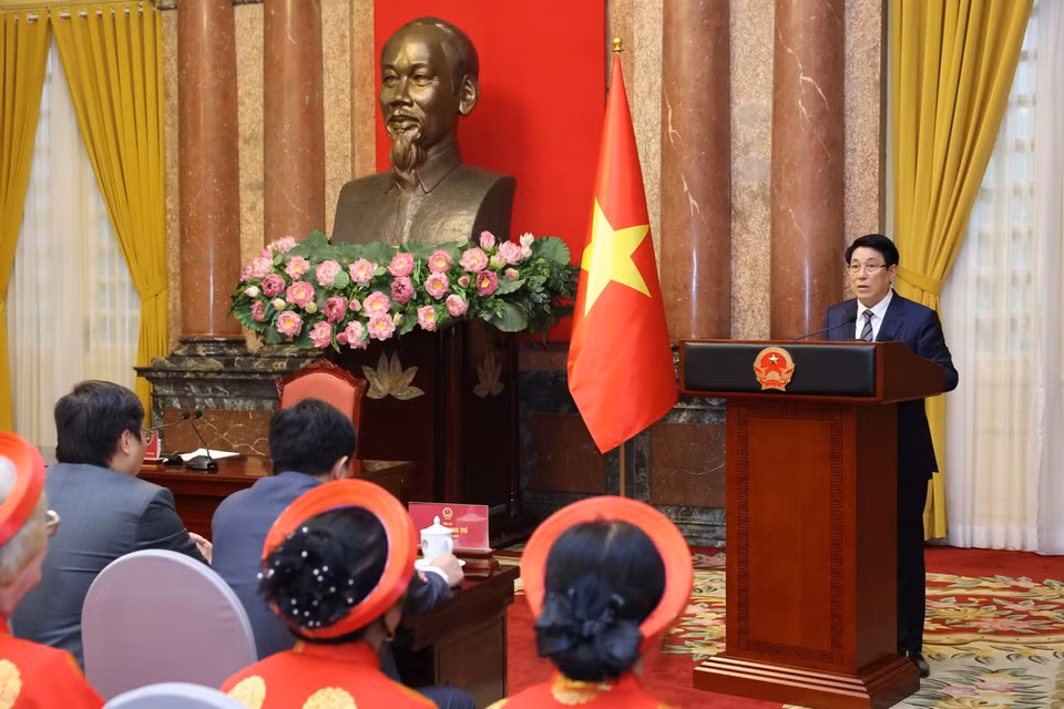 Chủ tịch nước Lương Cường phát biểu tại buổi gặp mặt. (Ảnh: Lâm Khánh/TTXVN)