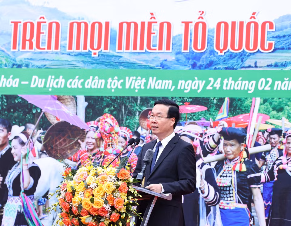 Chủ tịch nước Võ Văn Thưởng phát biểu và chúc tết đồng bào các dân tộc. (Ảnh: Thống Nhất/TTXVN)