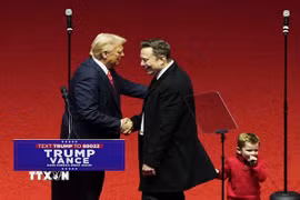 Tổng thống Mỹ Donald Trump và tỷ phú Elon Musk (phải) tại buổi míttinh ở Washington D.C,. ngày 19/1/2025. (Ảnh: Kyodo/TTXVN)
