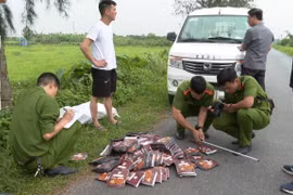 Cơ quan công an thu giữ tang vật vụ án. (Ảnh: TTXVN phát)