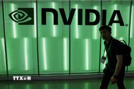 Biểu tượng của Tập đoàn Nvidia tại triển lãm máy tính ở Đài Loan (Trung Quốc) hồi đầu năm 2024. (Ảnh: Reuters/TTXVN)
