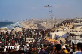 Người dân Palestine trở về nhà tại Dải Gaza, ngày 10/10/2025. (Ảnh: THX/TTXVN)