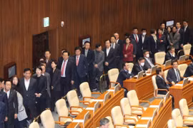 Các nghị sỹ Hàn Quốc bỏ phiếu tại phiên họp Quốc hội ở Seoul ngày 14/12/2024 nhằm phê chuẩn dự luật luận tội Tổng thống Yoon Suk-yeol liên quan đến quyết định ban bố thiết quân luật. (Ảnh: Yonhap/TTXVN)
