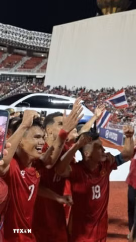 Niềm vui của các cầu thủ Việt Nam sau khi dẫn trước Thái Lan 2-0. (Ảnh: Phạm Hải/TTXVN)