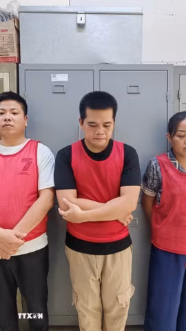 Các đối tượng tại Cơ quan điều tra. (Ảnh: TTXVN phát)