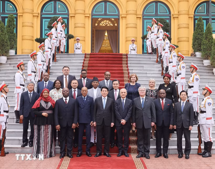 Chủ tịch nước Lương Cường với các Đại sứ đến trình Quốc thư. (Ảnh: Lâm Khánh/TTXVN)