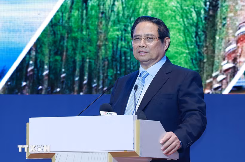Thủ tướng Phạm Minh Chính phát biểu chỉ đạo Hội nghị Hội đồng điều phối vùng Đông Nam Bộ lần thứ 6 và Ban Chỉ đạo thực hiện Nghị quyết số 98 của Quốc hội. (Ảnh: Dương Giang/TTXVN)