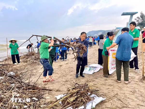 Khẩn trương dọn sạch 6.000m3 rác, củi theo mưa lũ dạt vào bãi biển Sầm Sơn