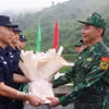 Đại diện chỉ huy trưởng tuần tra hai bên tặng hoa cho nhau tại vạch phân định cầu hữu nghị biên giới Việt-Trung. (Ảnh: TTXVN phát)