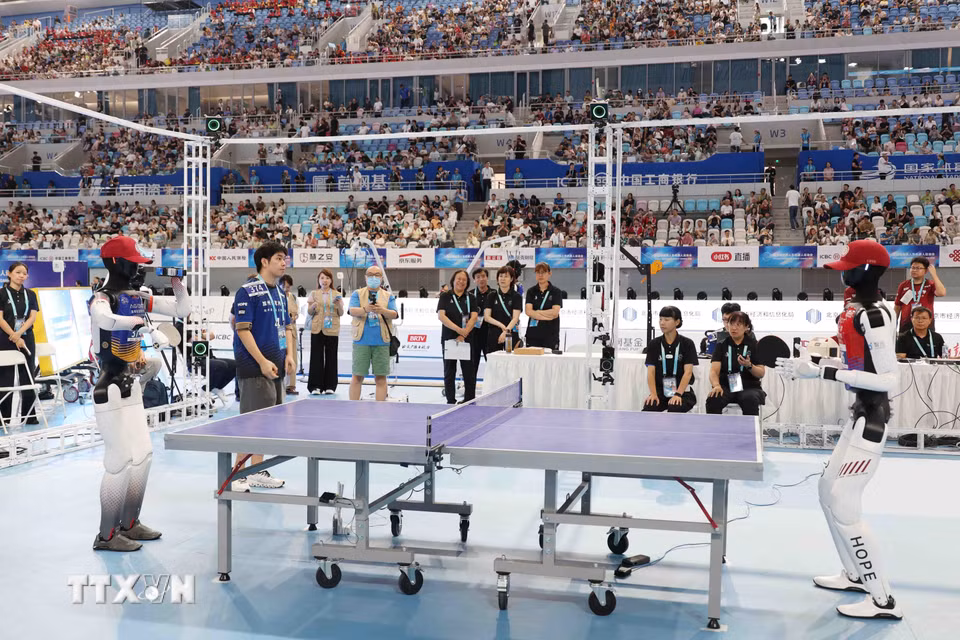 Các robot thi đấu ở nội dung bóng bàn. (Ảnh: Công Tuyên/TTXVN)