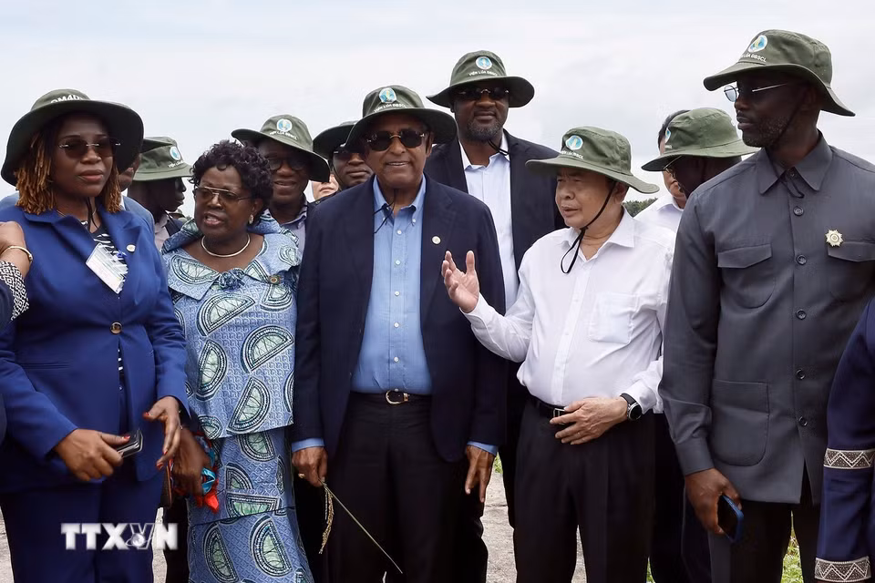 Chủ tịch Quốc hội Trần Thanh Mẫn và Chủ tịch Quốc hội Cộng hòa Côte d’Ivoire Patrick Achi thăm cánh đồng trình diễn giống lúa triển vọng vụ Hè-Thu 2026. (Ảnh: Doãn Tấn/TTXVN)