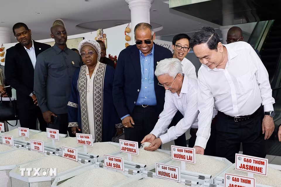 Chủ tịch Quốc hội Trần Thanh Mẫn và Chủ tịch Quốc hội Côte d’Ivoire Patrick Achi xem sản phẩm gạo của Công ty Nông nghiệp công nghệ cao Trung An. (Ảnh: Doãn Tấn/TTXVN)