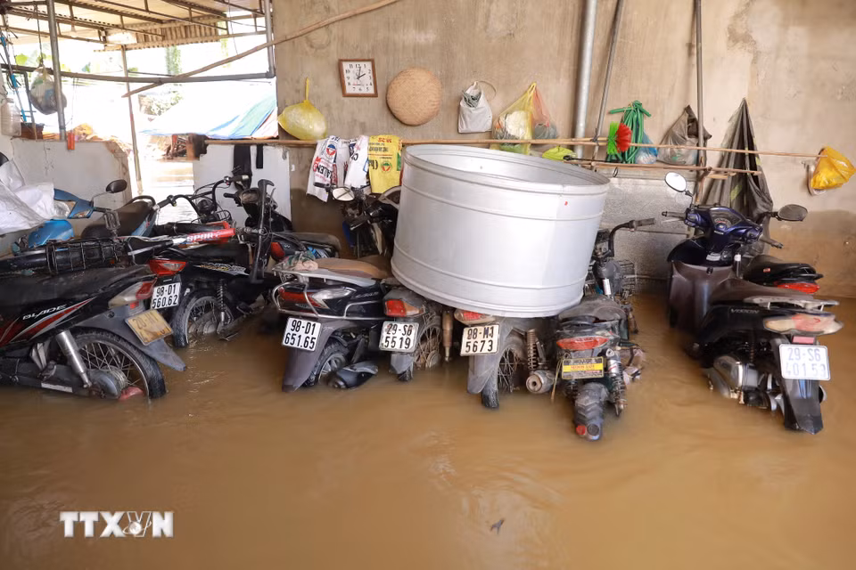 Nhiều tài sản của người dân xóm 1, thôn Đa Hội, xã Hợp Thịnh vẫn ngập trong nước dù đã được di dời lên điểm cao. (Ảnh: Phan Phương/TTXVN)