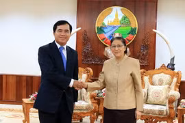 Chủ tịch Quốc hội Lào, bà Pany Yathotou tiếp Thứ trưởng Bộ Xây dựng Lê Quang Hùng. (Ảnh: Phạm Kiên/Vietnam+)