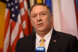 Ngoại trưởng Mỹ Mike Pompeo phát biểu tại cuộc họp báo ở New York ngày 20/8/2019. (Ảnh: AFP/TTXVN)