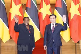 Chủ tịch Quốc hội Vương Đình Huệ và Chủ tịch Quốc hội Cộng hòa Mozambique Esperanca Laurinda Francisco Nhiuane Bias chụp ảnh chung. (Ảnh: Doãn Tấn/TTXVN)