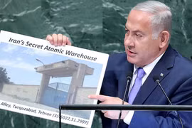 Thủ tướng Israel Benjamin Netanyahu đưa ra hình ảnh về kho hạt nhân của Iran. (Ảnh: Reuters)
