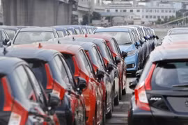 Xe ôtô mới chờ xuất khẩu tại cảng ở Yokohama, Nhật Bản. (Ảnh: Kyodo/TTXVN)