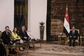 Tổng thống Ai Cập Abdel Fattah al-Sisi (giữa) và Ngoại trưởng Mỹ Antony Blinken (thứ 3, trái) tại cuộc gặp ở Cairo ngày 10/6. (Ảnh: AFP/TTXVN)