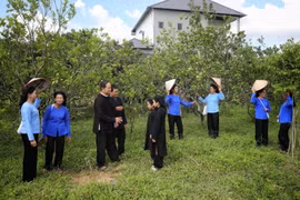 Nghệ nhân Ưu tú Lâm Minh Sập cùng các thành viên câu lạc bộ dân ca Sán Chí luyện tập. (Ảnh: Danh Lam/TTXVN)