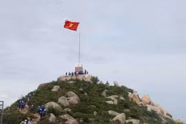 Cột cờ đầu tiên trong 7 cột cờ Tổ quốc được xây dựng tại các đảo tiền tiêu gần bờ của cả nước trên đảo Cù Lao Xanh, tỉnh Bình Định. (Ảnh: Ly Kha/TTXVN)
