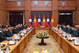 Bộ trưởng Bộ Quốc phòng Phan Văn Giang hội đàm với Bộ trưởng Bộ Quốc phòng Lào Chansamon Chanylath. (Ảnh: Trọng Đức/TTXVN)