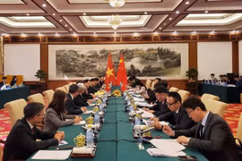 Thứ trưởng Bộ Ngoại giao Việt Nam Lê Hoài Trung hội đàm với Thứ trưởng Bộ Ngoại giao Trung Quốc La Chiếu Huy. (Ảnh: Lương Anh Tuấn/TTXVN)