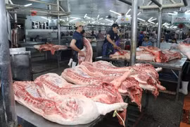 Thịt lợn được giết mổ, chuẩn bị cung ứng ra thị trường tại chợ đầu mối nông sản thực phẩm Hóc Môn, Thành phố Hồ Chí Minh. (Ảnh: Đinh Hằng/TTXVN)
