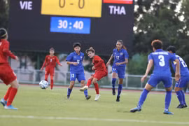 Cầu thủ đội tuyển nữ Việt Nam trong vòng vây cầu thủ Thái Lan ở vòng bảng môn bóng đá nữ SEA Games 30 tại Philippines ngày 26/11 vừa qua. (Ảnh: Hoàng Linh/TTXVN)