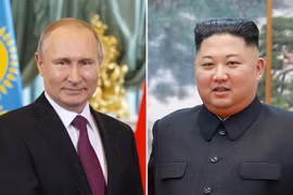 Tổng thống Nga Vladimir Putin (trái) và nhà lãnh đạo Triều Tiên Kim Jong-un (phải). (Nguồn: AFP/TTXVN)