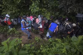 Người di cư Haiti băng qua rừng rậm Darien gần Acandi thuộc tỉnh Choco (Colombia) để sang Panama ngày 26/9/2021. (Ảnh: AFP/TTXVN)