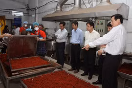 Đoàn Thanh tra liên ngành thành phố kiểm tra một cơ sở chế biến sản xuất khô bò tại quận Bình Tân, Thành phố Hồ Chí Minh. (Ảnh: Phương Vy/TTXVN)