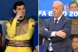 Thủ môn Iker Casillas (trái) của tuyển Tây Ban Nha cho biết anh đã hàn gắn quan hệ với huấn luyện viên Del Bosque (phải). (Nguồn: mirror.co.uk)
